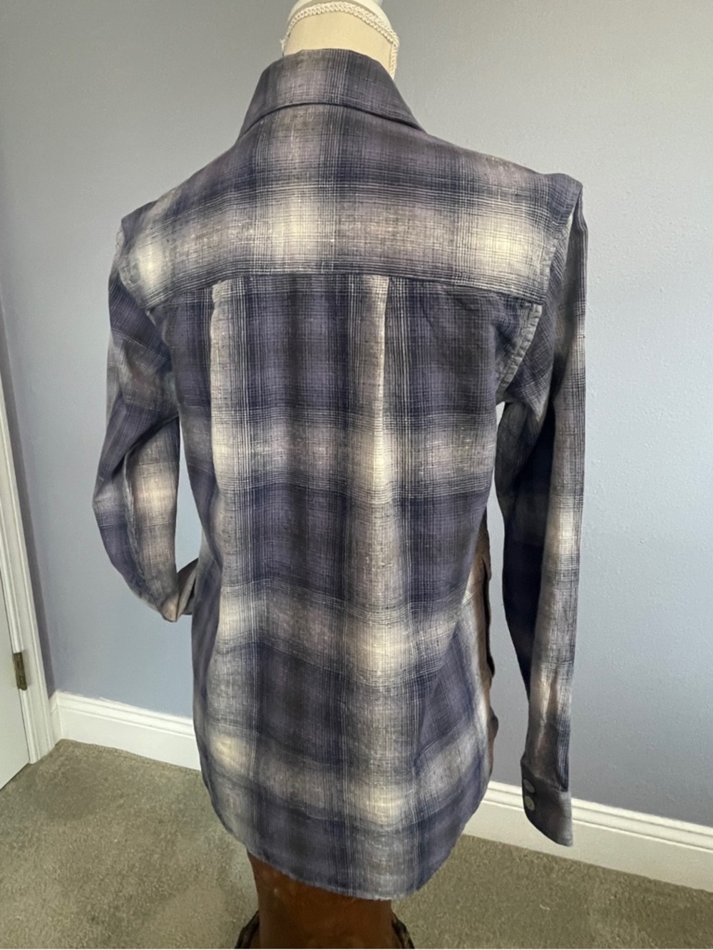 REI Women’s Navy Plaid Button Front Shirt Hemp & Cotton size XSmall - Picture 3 of 13
